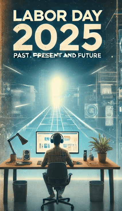 Present Labor Day. Happy Labor Day 2025! Image created by OnYourMark.com using DALL-E with modifications in Canva.com